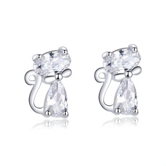 Boucles d’Oreilles Chats Brillants Puces en Argent Sterling 925 plaqué or blanc avec zircons blancs