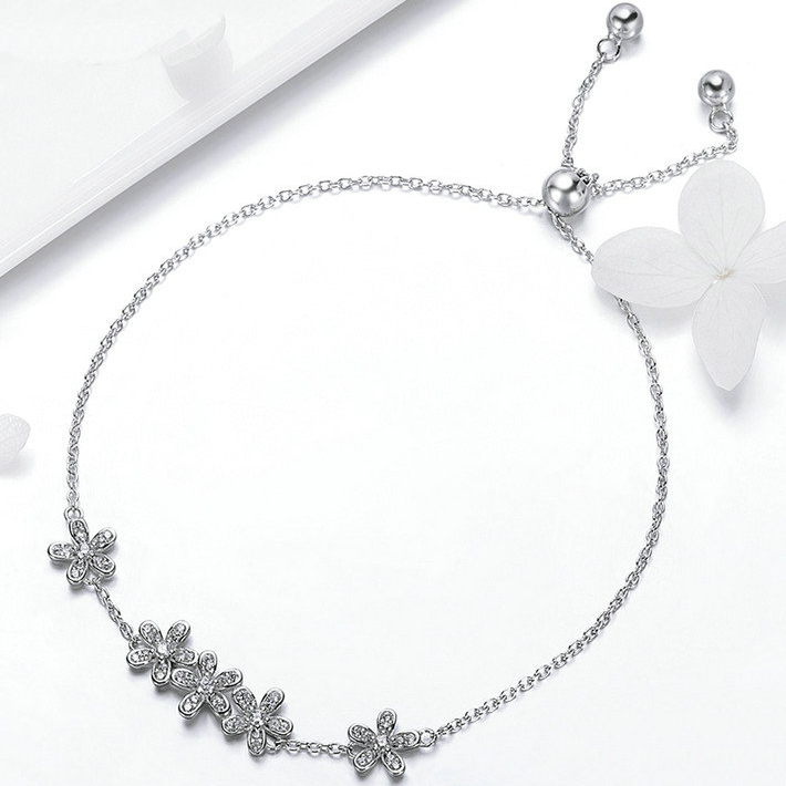 Bracelet Marguerites en argent 925 plaqué or blanc ajustable avec zircons blancs - Photo 3
