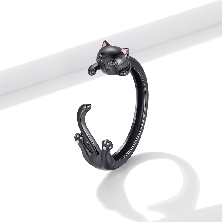 Bague Chat Noir en argent 925 plaqué noir ajustable - Photo 3