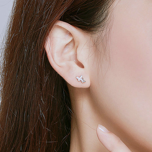 Boucles d’Oreilles Papillons Brillants Puces en Argent Sterling 925 plaqué or blanc avec des zircons blancs - Photo 2