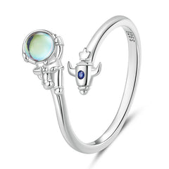 Bague Astronaute en argent 925 plaqué or blanc ajustable avec pierre de lune