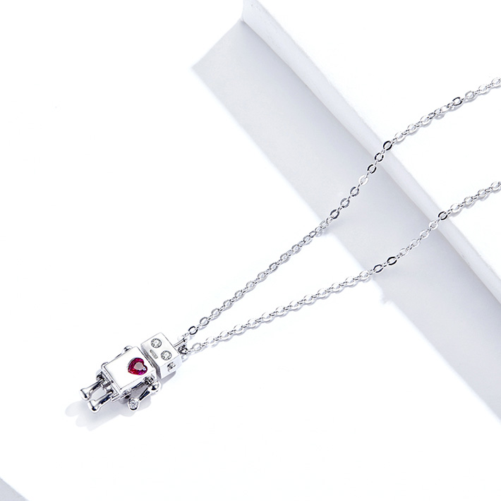 Collier Robot Amoureux en argent 925 plaqué or blanc ajustable avec zircon rouge et blancs - Photo 3
