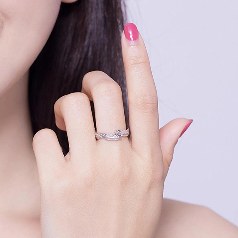 Bague Plumes en argent 925 plaqué or blanc ajustable - Photo 2