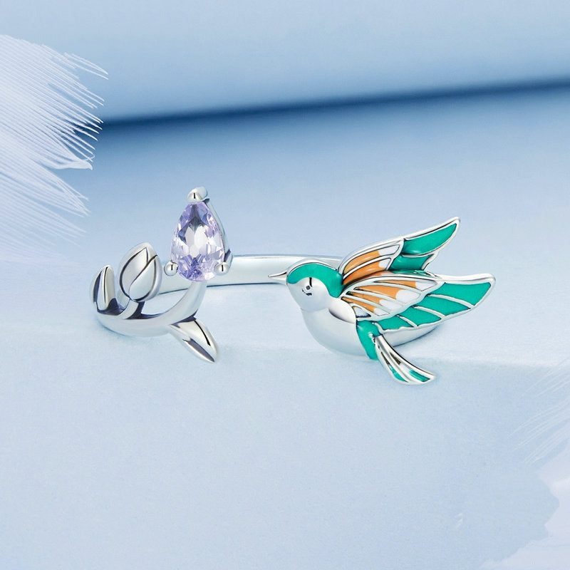 Bague Petit Oiseau en argent 925 plaqué or blanc ajustable émaillé à la main - Photo 4