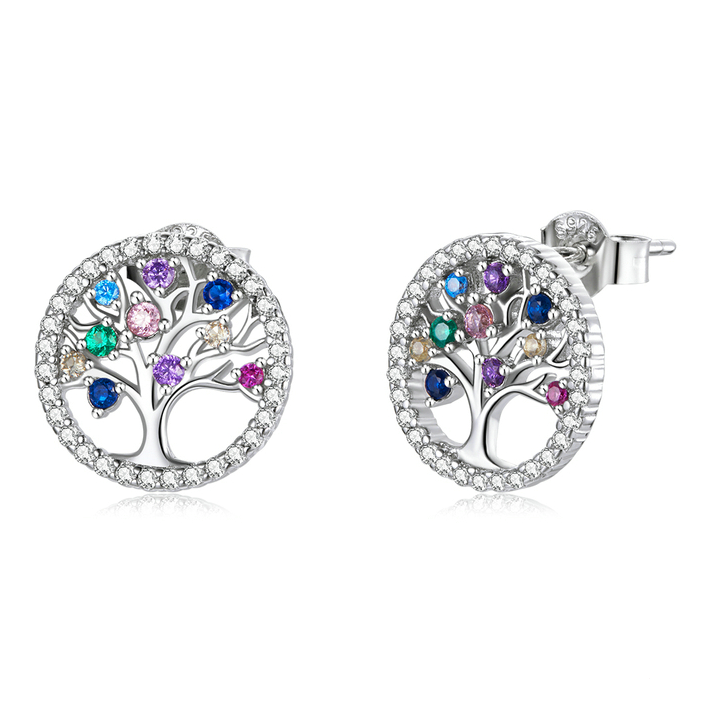 Boucles d’Oreilles Arbre de Vie Puces en Argent Sterling 925 plaqué or blanc avec pavé de zircons colorés