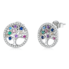 Boucles d’Oreilles Arbre de Vie Puces en Argent Sterling 925 plaqué or blanc avec pavé de zircons colorés