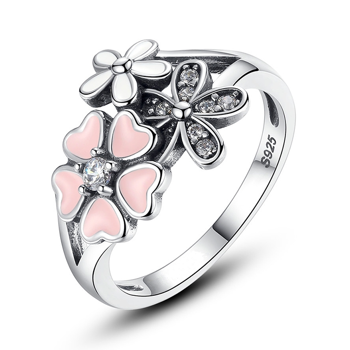 Bague Trio de Fleurs en argent 925 plaqué or blanc émaillé à la main avec zircons blancs - Photo 2
