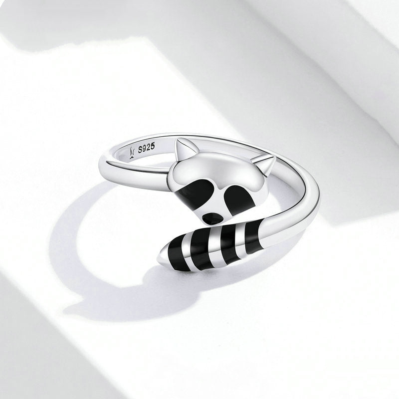 Bague Raton Laveur en argent 925 plaqué or blanc émaillé noir ajustable - Photo 3