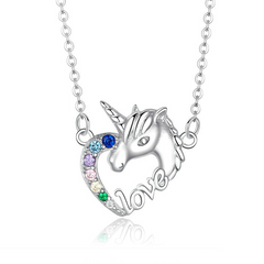 Collier Licorne Argent Sterling 925 plaqué or blanc avec zircons colorés