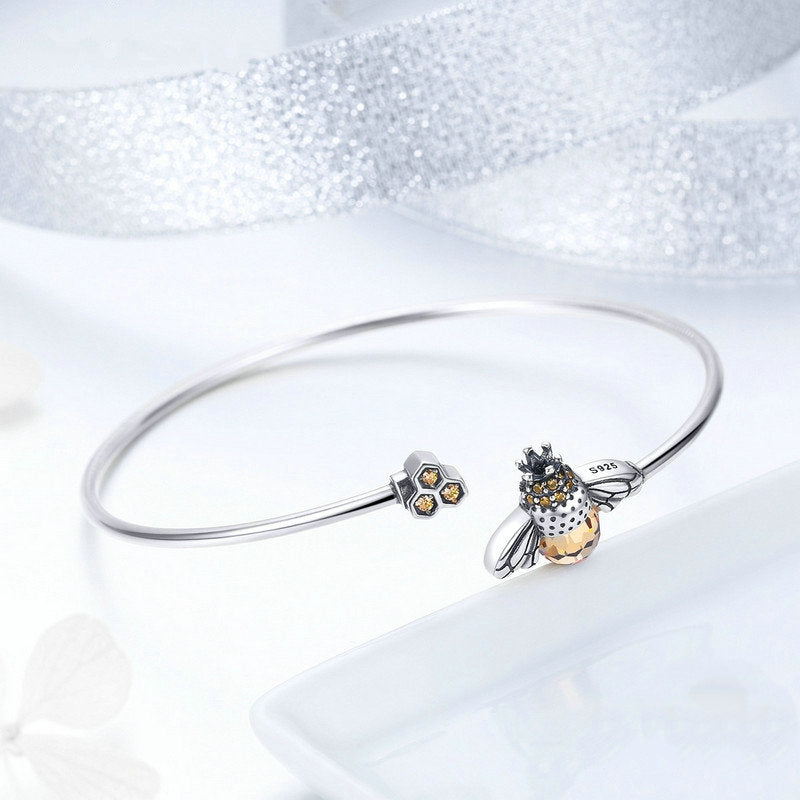 Bracelet Reine des Abeilles en argent 925 plaqué or blanc jonc rigide ouvert avec zircons bruns - Photo 5
