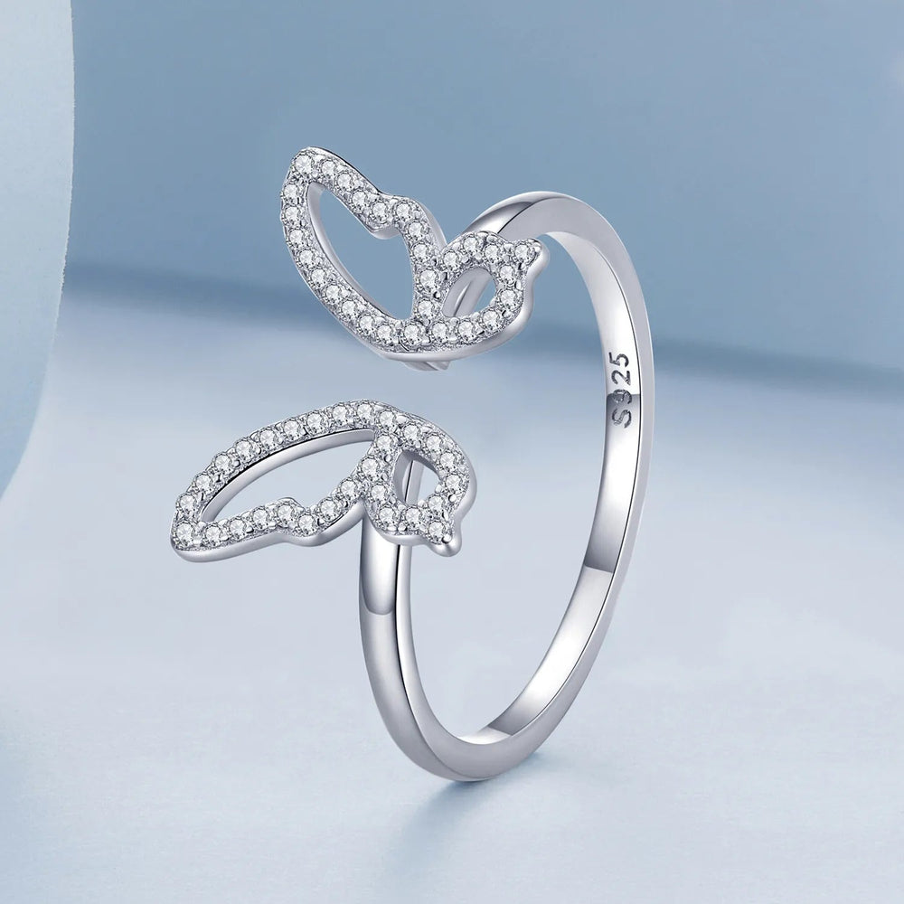 Bague Papillon en argent 925 plaqué or blanc ajustable émaillé à la main - Photo 2