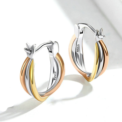 Boucles d’Oreilles Créoles Trois Ors en argent 925 plaqué or blanc et or rose et or jaune - Photo 3