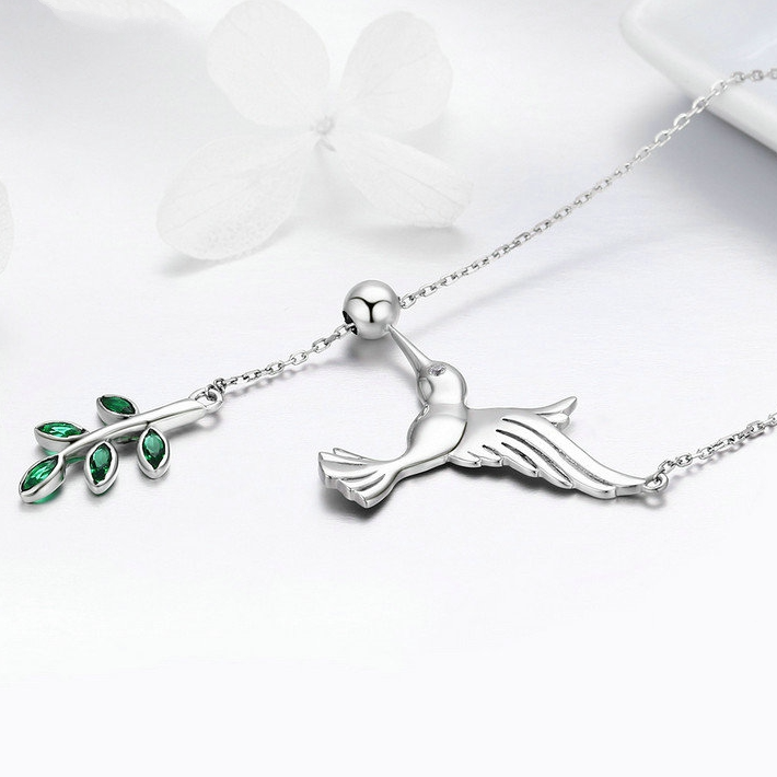 Collier Colibri avec Brindille d’Olivier Argent Sterling 925 plaqué or blanc avec zircons verts et fermoir ajustable - Photo 4