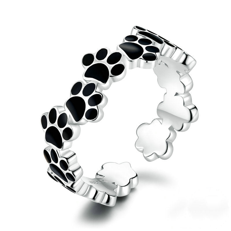 Bague Pattes en argent 925 plaqué or blanc émaillé noir ajustable