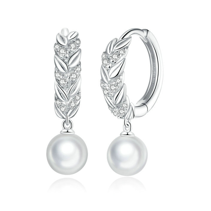 Boucles d’Oreilles Feuilles Brillantes avec Perles Argent Sterling 925 plaqué or blanc avec zircons blancs
