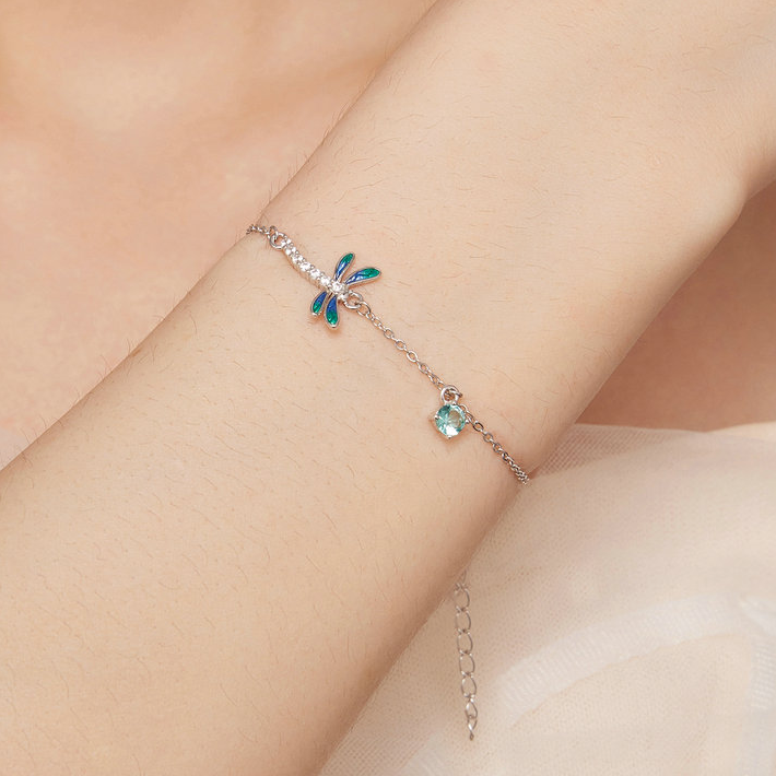 Bracelet Libellule Argent Sterling 925 plaqué or blanc avec zircons blancs et bleus et fermoir ajustable - Photo 2