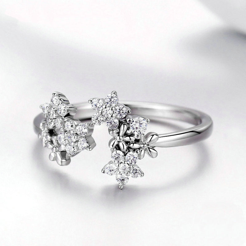 Bague Bouquet de Fleurs en argent 925 plaqué or blanc ajustable avec zircons blancs - Photo 4