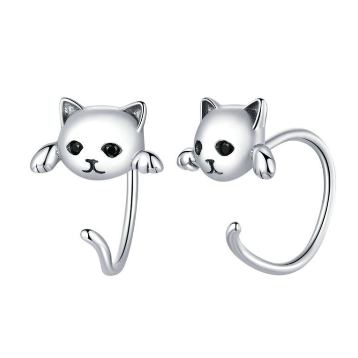 Boucles d’Oreilles Chat Argent Sterling 925 plaqué or blanc