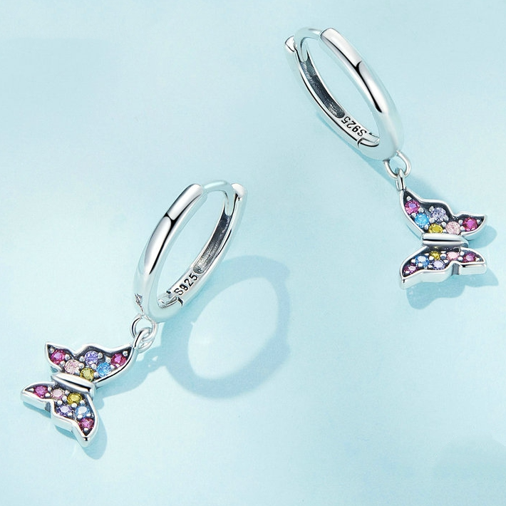 Boucles d’Oreilles Créoles Papillons Pendants Argent sterling 925 plaqué or blanc avec pavé de zircons colorés - Photo 4