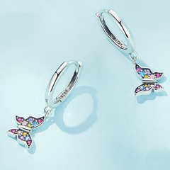 Boucles d’Oreilles Créoles Papillons Pendants Argent sterling 925 plaqué or blanc avec pavé de zircons colorés - Photo 4