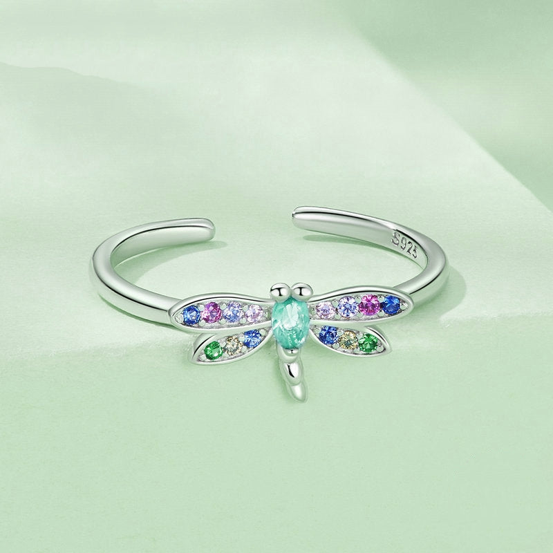 Bague Libellule en argent 925 plaqué or blanc ajustable avec zircons colorés - Photo 5