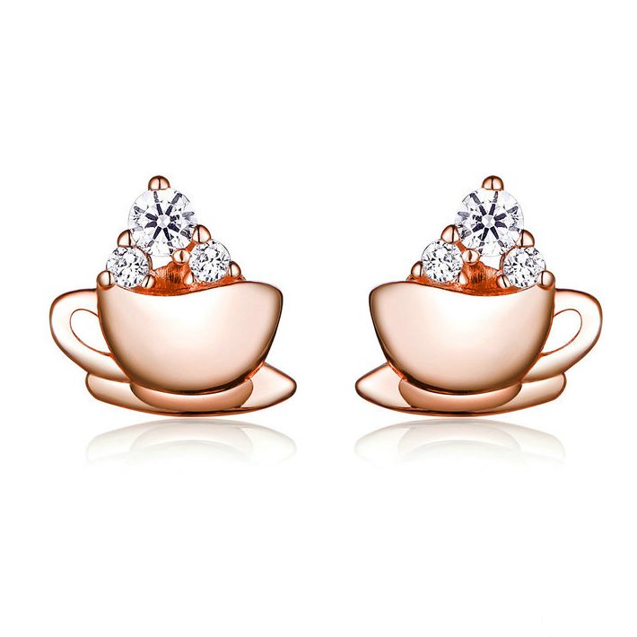 Boucles d’Oreilles Tasse de Café Puces en Argent Sterling 925 plaqué or rose avec zircons blancs