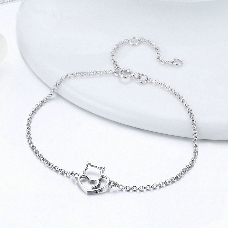 Bracelet Chat avec Coeur en argent 925 plaqué or blanc avec fermoir ajustable - Photo 4