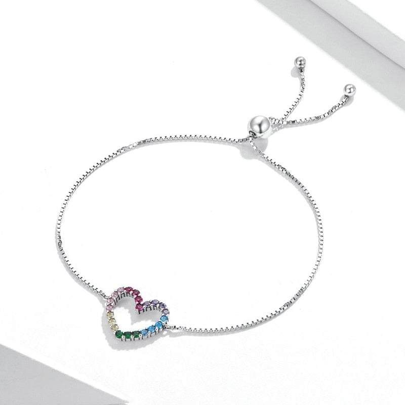 Bracelet Coeur Arc-en-Ciel en argent 925 plaqué or blanc ajustable avec zircons colorés - Photo 3