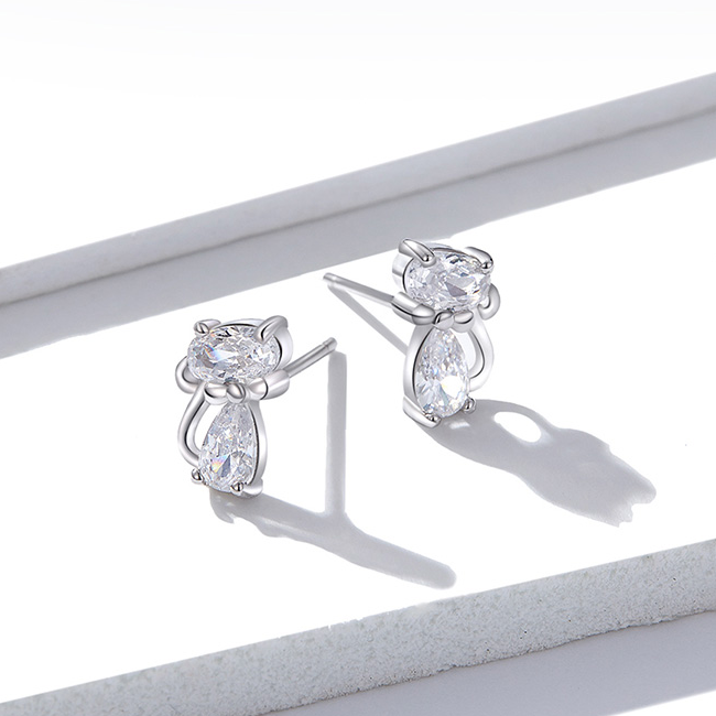 Boucles d’Oreilles Chats Brillants Puces en Argent Sterling 925 plaqué or blanc avec zircons blancs - Photo 4