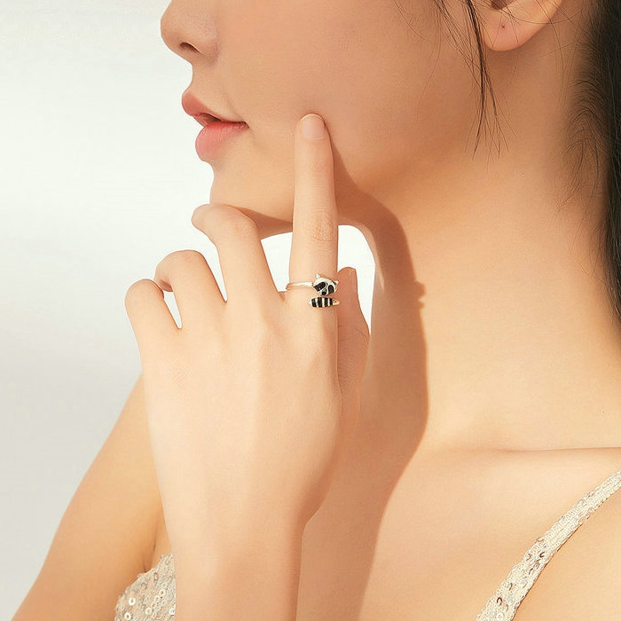 Bague Raton Laveur en argent 925 plaqué or blanc émaillé noir ajustable - Photo 2