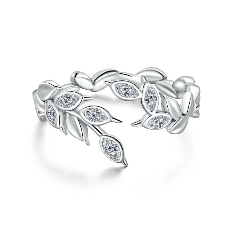 Bague Feuilles en argent 925 plaqué or blanc ajustable avec zircons blancs