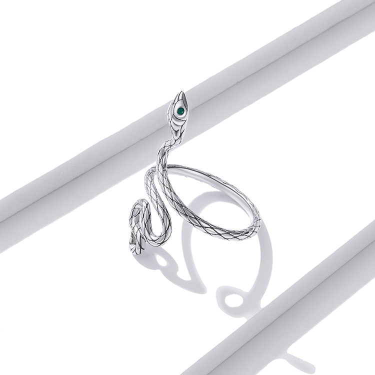 Bague Serpent Python en argent 925 plaqué or blanc ajustable avec yeux en zircon vert - Photo 4