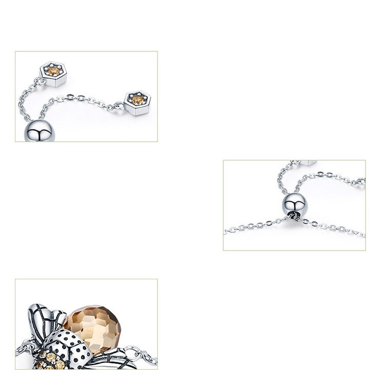 Bracelet Reine des Abeilles en argent 925 plaqué or blanc ajustable avec zircons couleur champagne - Photo 5