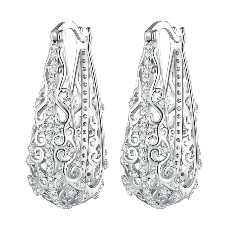 Boucles d’Oreilles Créoles Ancienne en argent 925 plaqué or blanc avec zircons blancs