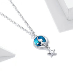 Collier Chat sur la Lune en argent 925 plaqué or blanc avec pendentif émaillé bleu - Photo 3