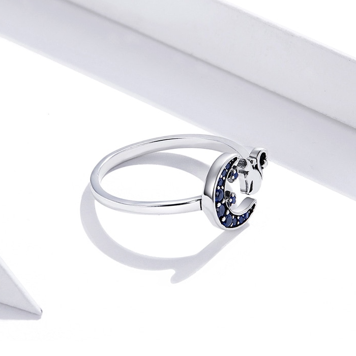 Bague Chat avec Lune en argent 925 plaqué or blanc ajustable avec zircons bleus - Photo 5