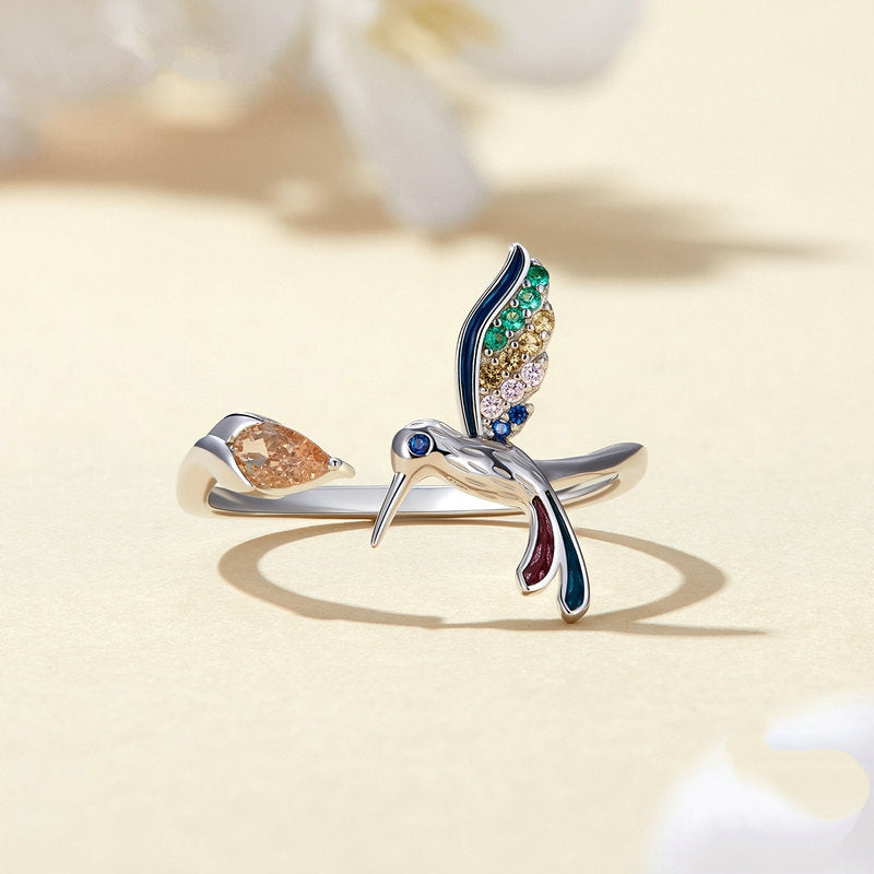 Bague Colibri en argent 925 plaqué or blanc ajustable avec zircons colorés - Photo 4