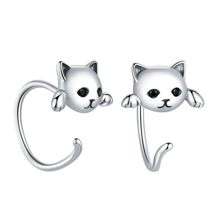 Boucles d’Oreilles Chat Argent Sterling 925 plaqué or blanc - Photo 4