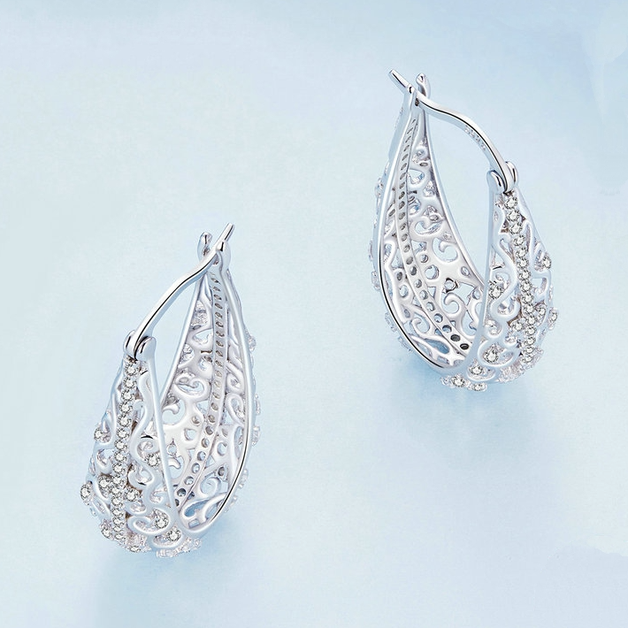 Boucles d’Oreilles Créoles Ancienne en argent 925 plaqué or blanc avec zircons blancs - Photo 5