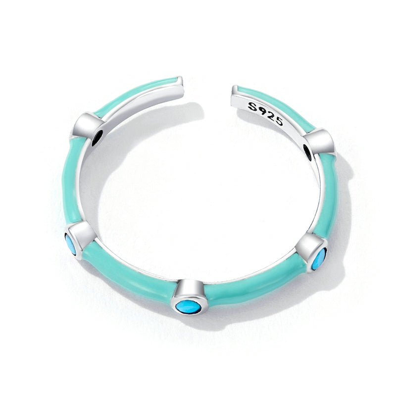Bague Turquoise en argent 925 plaqué or blanc ajustable émaillée à la main avec des zircons bleus - Photo 3