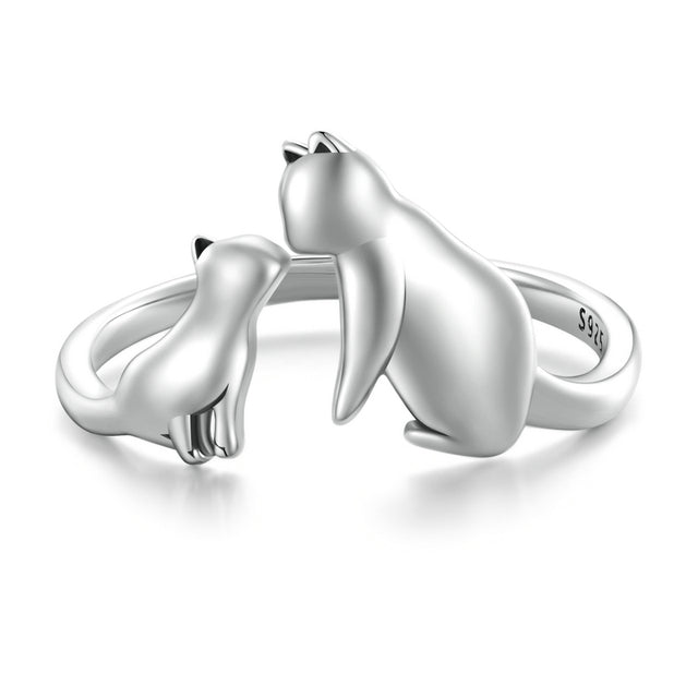 Bague Maman Chat en argent 925 plaqué or blanc ajustable