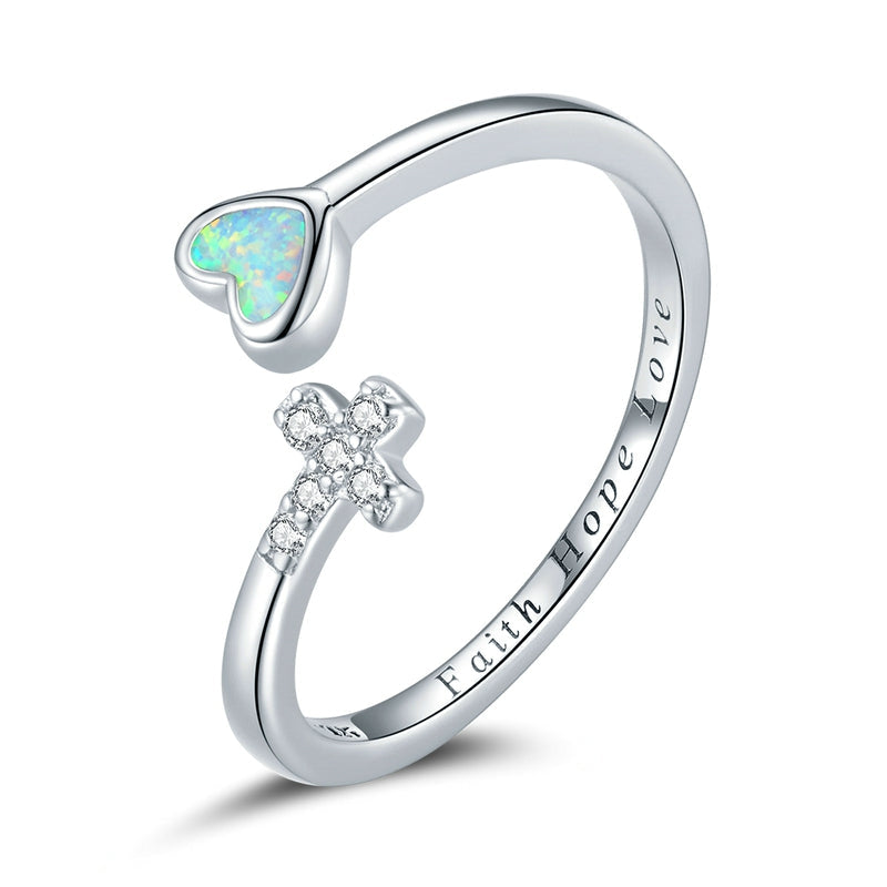 Bague Croix et Coeur en argent 925 plaqué or blanc ajustable avec zircons blancs et opale