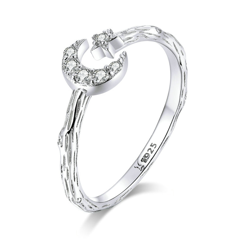 Bague Lune et Étoile Comète en argent 925 plaqué or blanc ajustable avec zircons blancs