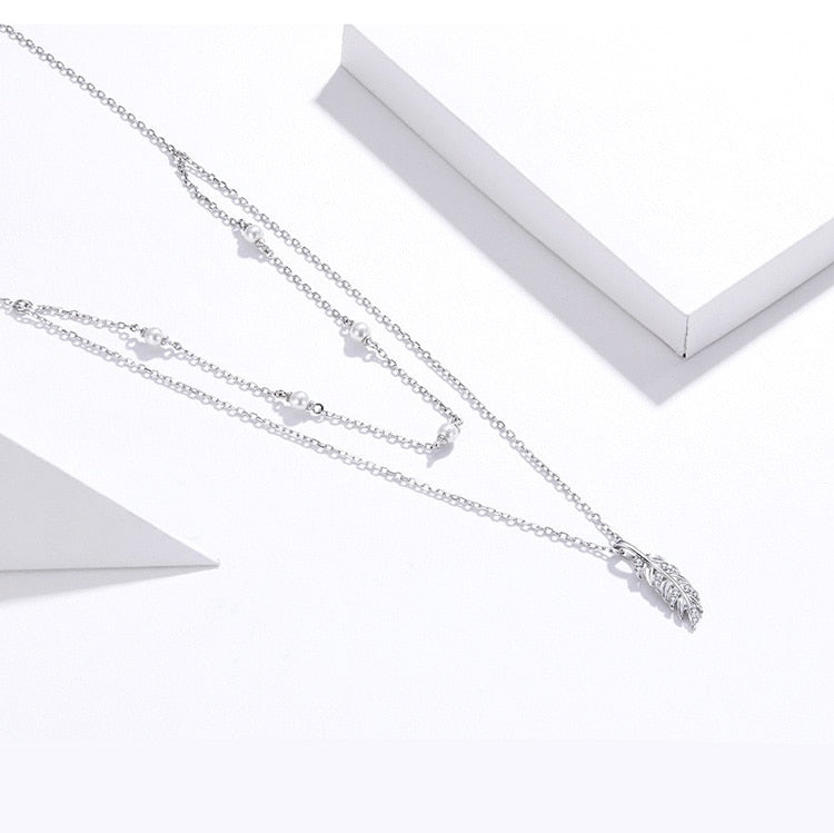 Collier Double avec Plume en argent 925 plaqué or blanc ajustable avec zircons blancs et perles - Photo 4