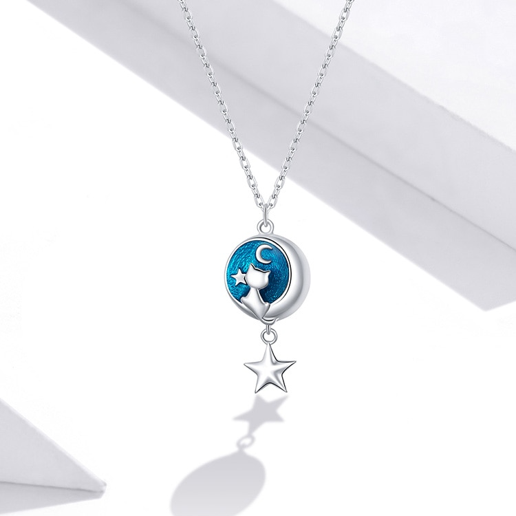 Collier Chat sur la Lune en argent 925 plaqué or blanc avec pendentif émaillé bleu - Photo 4