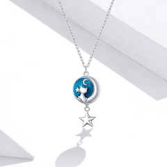 Collier Chat sur la Lune en argent 925 plaqué or blanc avec pendentif émaillé bleu - Photo 4