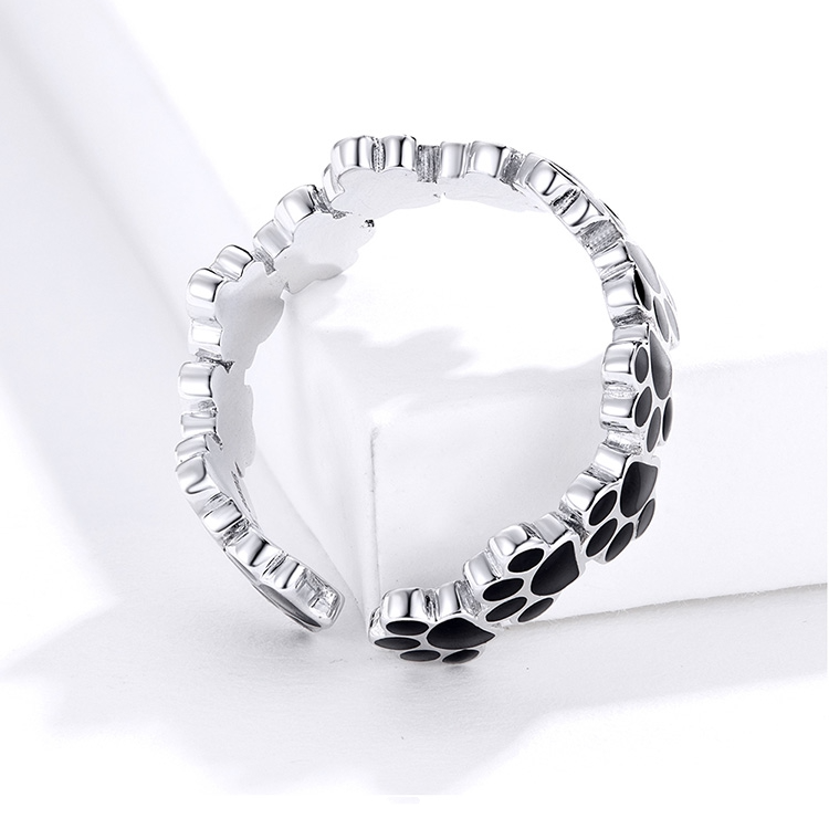 Bague Pattes en argent 925 plaqué or blanc émaillé noir ajustable - Photo 5