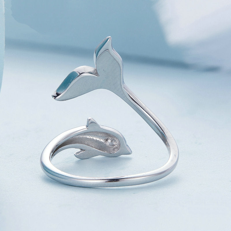 Bague Dauphin en argent 925 plaqué or blanc ajustable émaillé à la main - Photo 4