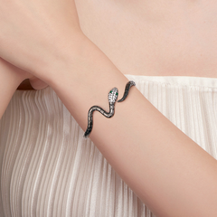 Bracelet Serpent Jonc en acier inoxydable plaqué noir avec pavé de zircons blancs et verts - Photo 2