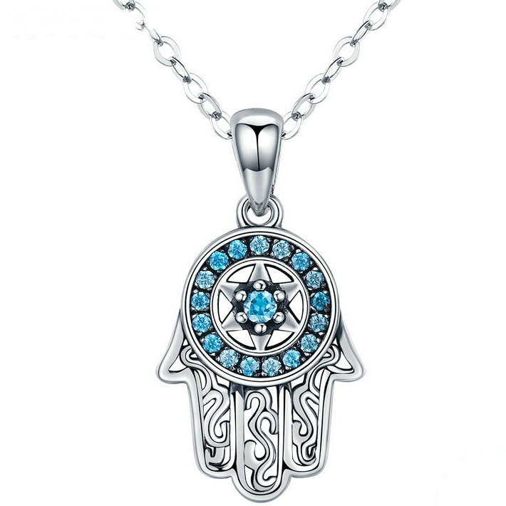Collier Hamsa Brillant Argent Sterling 925 plaqué or blanc avec zircons bleus